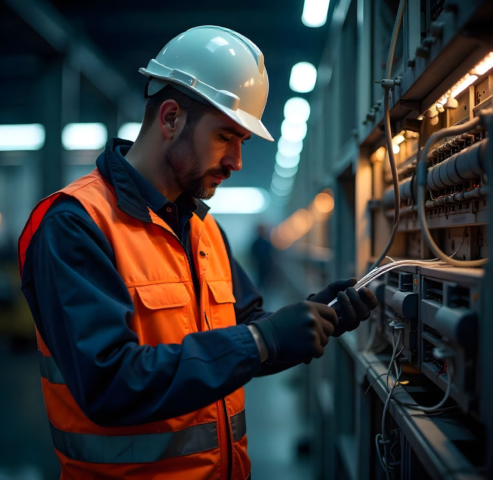Technicien télécom effectuant le déploiement d’infrastructures, câblages, fibres optiques et équipements de transmission visibles.