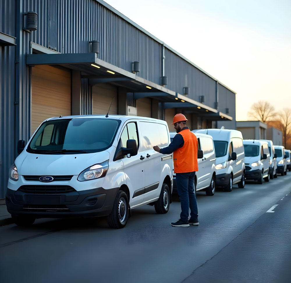 Camionnettes utilitaires alignées devant un entrepôt moderne, avec deux professionnels en tenue de chantier en train d’échanger.