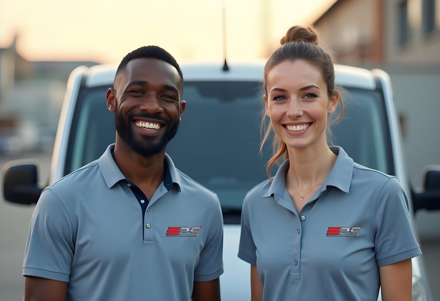 Deux membres du personnel d’Equipro Solutions souriants devant un véhicule utilitaire